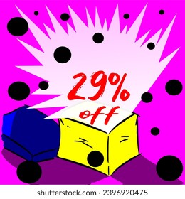 29% box releasing discount for sale, illustration, yellow, blue, purple, white, red and black
