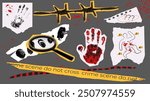 29 crime scene collage illustrations, including a scene with a chalk outline of a body, magnifying glass, barbed wire, a shoe, fingerprints, a handprint, and isolated elements.