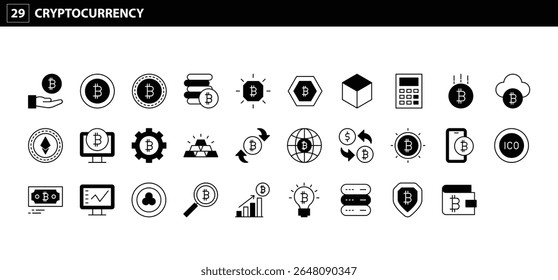 29 Ícones de criptomoeda: Visuais essenciais para Bitcoin, Ethereum, Blockchain e Digital Asset Concepts