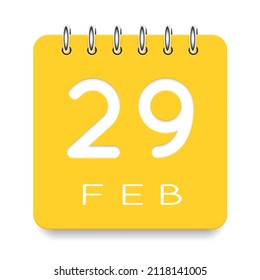 29 day of the month. February. Cute yellow calendar daily icon. Date day week Sunday, Monday, Tuesday, Wednesday, Thursday, Friday, Saturday. Cut paper. White background. Vector illustration.