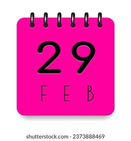 29 day of the month. February. Pink calendar daily icon. Black letters. Date day week Sunday, Monday, Tuesday, Wednesday, Thursday, Friday, Saturday. Cut paper. White background. Vector illustration.