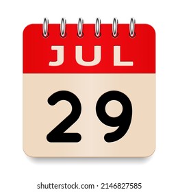 29 day of the month. July. Flip old formal calendar. 3d daily icon. Date. Week Sunday, Monday, Tuesday, Wednesday, Thursday, Friday, Saturday. Cut paper. White background. Vector illustration.