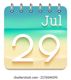 29 day of the month. July. Marine view  calendar daily icon. Date day week Sunday, Monday, Tuesday, Wednesday, Thursday, Friday, Saturday. White text. Sea background. Vector illustration. Sea coast.