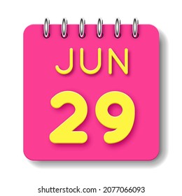 29 day of the month. 29 June. Cute calendar daily icon. Date day week Sunday, Monday, Tuesday, Wednesday, Thursday, Friday, Saturday.