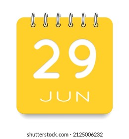 29 días del mes. Junio. Icono de calendario amarillo lindo diario. Fecha día semana domingo, lunes, martes, miércoles, jueves, viernes, sábado. Corta papel. Fondo blanco. Ilustración vectorial.