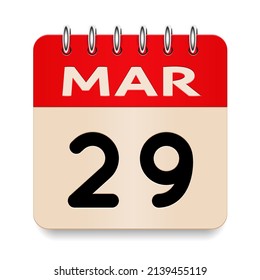 29 day of the month. March. Flip old formal calendar daily icon. Date day week Sunday, Monday, Tuesday, Wednesday, Thursday, Friday, Saturday. Cut paper. White background. Vector illustration. 3d