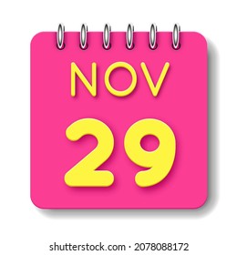 29 day of the month. 29 November. Cute calendar daily icon. Date day week Sunday, Monday, Tuesday, Wednesday, Thursday, Friday, Saturday.