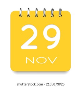 29 day of the month. November. Cute yellow calendar daily icon. Date day week Sunday, Monday, Tuesday, Wednesday, Thursday, Friday, Saturday. Cut paper. White background. Vector illustration.