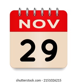 29 day of the month. November. Flip old formal calendar. 3d daily icon. Date. Week Sunday, Monday, Tuesday, Wednesday, Thursday, Friday, Saturday. Cut paper. White background. Vector illustration.