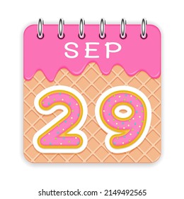 29 días de un mes. Septiembre. Calendario de cono de gofre con helado derretido. Icono de 3d diario. Fecha. Semana Domingo, Lunes, Martes, Miércoles, Jueves, Viernes, Sábado. Ilustración del vector de fondo blanco