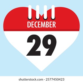 29 December calendar icon red heart shape on light sky blue color background, calendar vector symbol for the month of December.