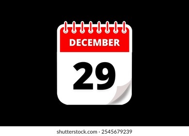 29 December calendar icon text page monthly web design on red, white and black background vector, icon, or illustration with the month of December 29