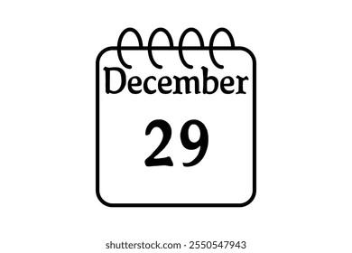 29 December calendar icon text page monthly web design on black and white background vector, icon, or illustration with the month of December 29