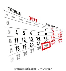 29 December highlighted on calendar 2017. Week starts from Monday. Vector Illustration.