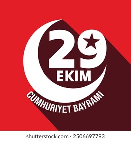 29 Ekim Cumhuriyet Bayrami 3d typography greeting card on red background. Turkish Republic Day celebrate on 29 October. Republic of Turkey banner, poster, badge, sticker, logo. Turkey flag moon, star