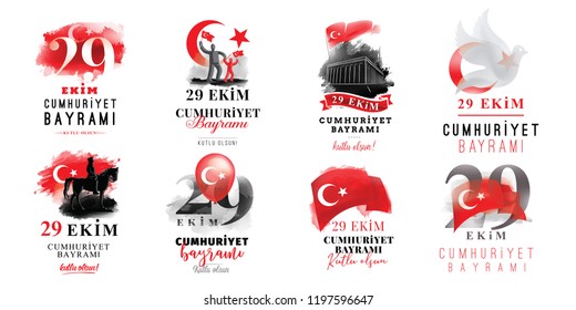 29 ekim Cumhuriyet Bayrami kutlu olsun. Translation: 29 october, republic day of Turkey. Typography vector design set.