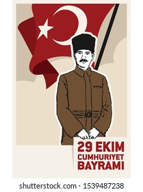 29 Ekim; Cumhuriyet Bayrami; Kutlu Olsun. Translation: October 29; Turkish Republic National Day; Happy Birthday. Vector Illustration. Turkish Man.