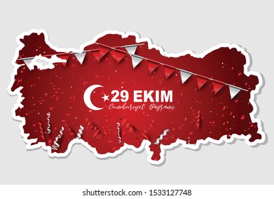 29 Ekim Cumhuriyet Bayrami  - 29 October National Republic Day of Turkey. Banner design concept with country territory shape, bunting flags, and ringlets. Vector illustration with typography text.