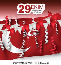 29 Ekim Cumhuriyet Bayrami  - 29 October National Republic Day of Turkey. Banner design concept with red and white bunting flags. Vector illustration 