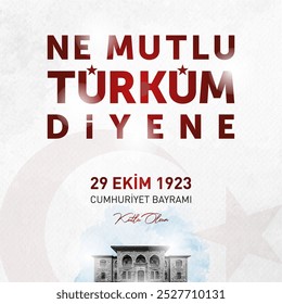 29 de octubre, Feliz Día de la República, tarjeta de celebración de Turquía.
Feliz es el que dice que soy turco.
(Turco: 29 ekim cumhuriyet bayrami kutlu olsun.
Turco: Ne mutlu Turk’um diyene.)