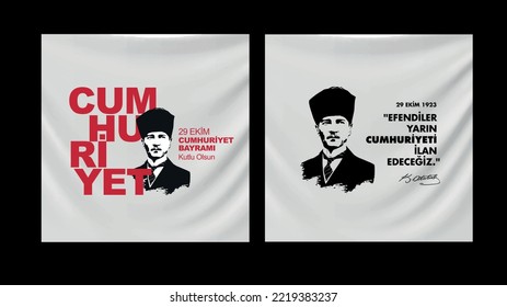 29 ekim cumhuriyet bayramı
man vector and turkish text on gray flag.
Translation: 29 october, happy republic day. Gentlemen, tomorrow we will declare the republic.