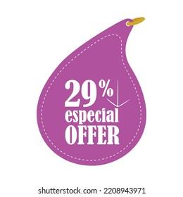 29 % especial offer vector illustration. Twenty nine percent discount tag. Rounded shape. Down arrow. Dotted line. Purple color. White text. White background.