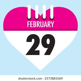 29 February calendar icon heart shape on light sky blue color background, calendar vector symbol for the month of February.