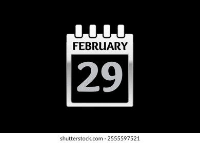 29 February calendar icon text page monthly web design on silver and black background vector, icon, or illustration with the month of February 29