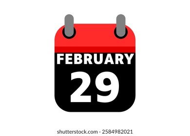 29 February calendar icon text page monthly web design on red, black and white background vector, icon, or illustration with the month of February 29
