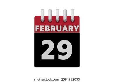 29 February calendar icon text page monthly web design on red, black and white background vector, icon, or illustration with the month of February 29