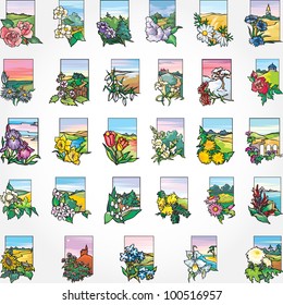 29 Flowers and landscape - a card, a background, a set.