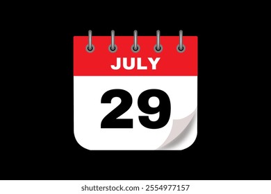 29 July calendar icon text page monthly web design on red, white and black background vector, icon, or illustration with the month of July 29