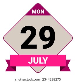 29 de julio, lunes. Plantilla de fecha. Diseño útil para la promoción de calendarios o eventos. Ilustración vectorial Archivo EPS 10. Aislado sobre fondo blanco. 