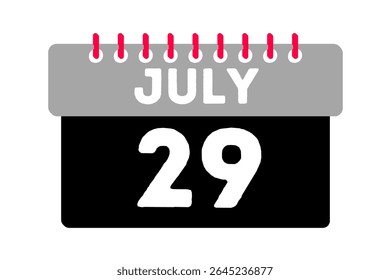 29 de julio Mes Vector de un solo día, ilustración, calendario con ceniza, negro, rojo y blanco Icono de calendario de fondo de color del 29 de julio