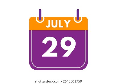 29 de julio Mes Vector de un solo día, ilustración, calendario con naranja, púrpura, ceniza y blanco Icono de calendario de fondo de color del 29 de julio