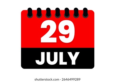29 julho mês vetor dia único, ilustração, calendário com vermelho, preto e branco ícone de calendário de fundo de cor de 29 de julho