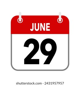 29 June, calendar date icon on white background.