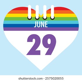 29 June calendar icon pride color heart shape on light sky blue color background, calendar vector symbol for the month of  June.