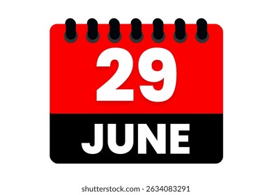 29 June month single day vector, illustration, calendar with red, black and white color background calendar icon of June 29