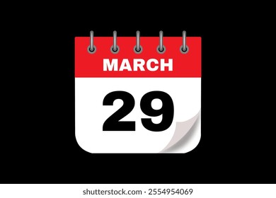 29 March calendar icon text page monthly web design on red, white and black background vector, icon, or illustration with the month of March 29