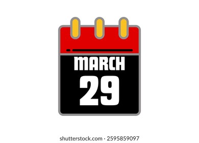 29 March calendar icon text page monthly web design on red, black, yellow and white background vector, icon, or illustration with the month of March 29