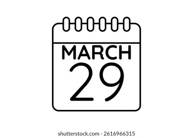 29 March calendar icon text page monthly web design on black and white background vector, icon, or illustration with the month of March 29