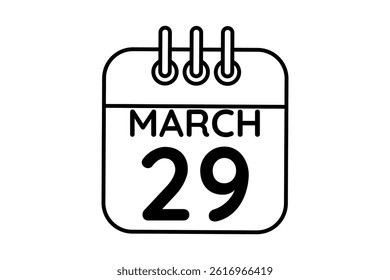 29 March calendar icon text page monthly web design on black and white background vector, icon, or illustration with the month of March 29