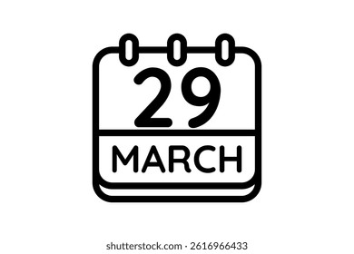 29 March calendar icon text page monthly web design on black and white background vector, icon, or illustration with the month of March 29