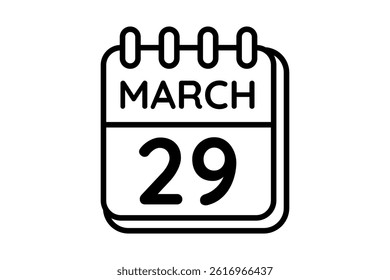 29 March calendar icon text page monthly web design on black and white background vector, icon, or illustration with the month of March 29