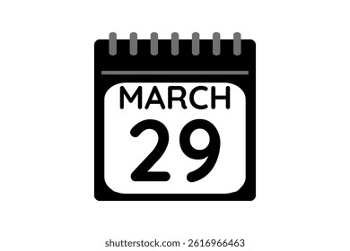 29 March calendar icon text page monthly web design on black and white background vector, icon, or illustration with the month of March 29