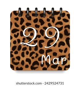 29 March. Leopard print calendar daily icon. White letters. Date day week Sunday, Monday, Tuesday, Wednesday, Thursday, Friday, Saturday.