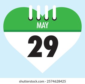 29 May calendar icon green heart shape on light sky blue color background, calendar vector symbol for the month of May.