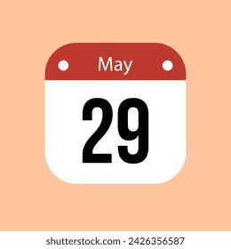 29 May calendar vector icon. Red May date for the days of the month and the week on a light background