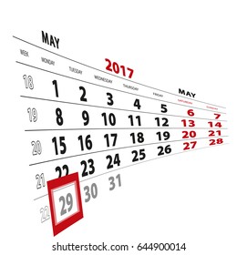 29 May highlighted on calendar 2017. Week starts from Monday. Vector Illustration.